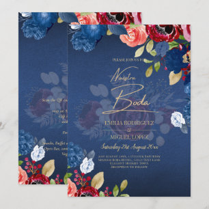 NUESTRA BODA Burgundy Blue Floral Wedding INVITE