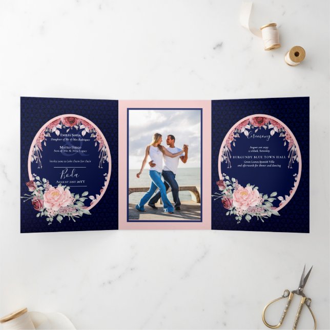 Nuestra Boda Burgundy Blue Floral Wedding Invite (Inside)