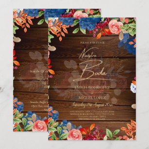 NUESTRA BODA Burgundy Blue Floral Wedding INVITE