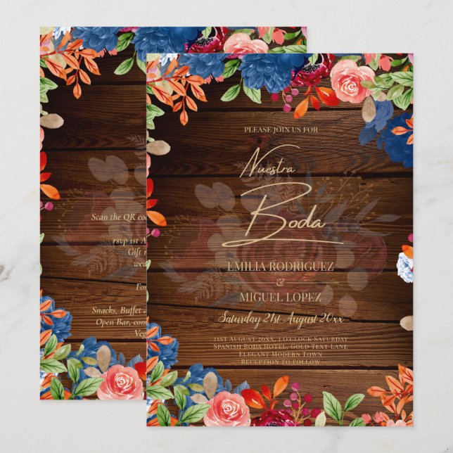 NUESTRA BODA Burgundy Blue Floral Wedding INVITE (Front/Back)