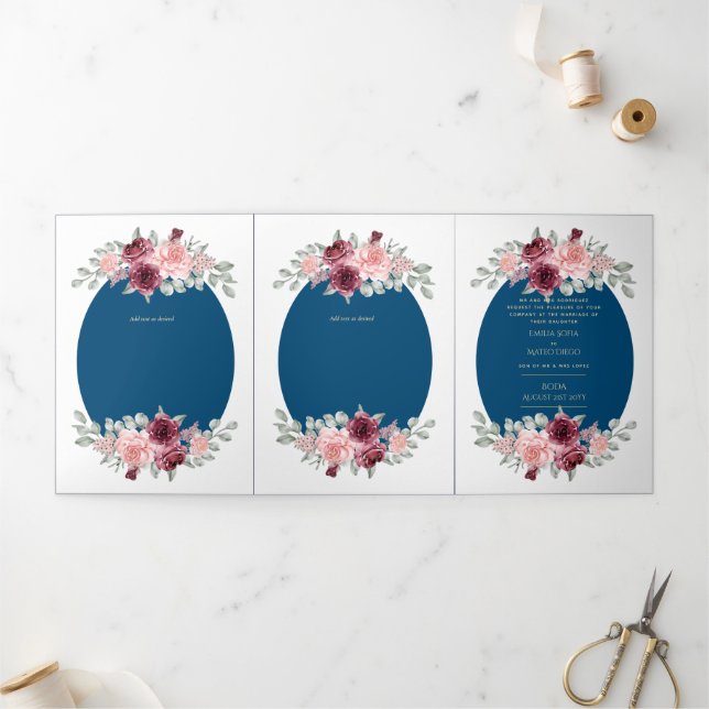 Nuestra Boda Burgundy Blue Floral Wedding Invite (Outside)