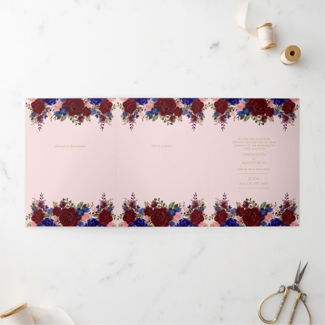 Nuestra Boda Burgundy Blue Floral Wedding Invite (Outside)