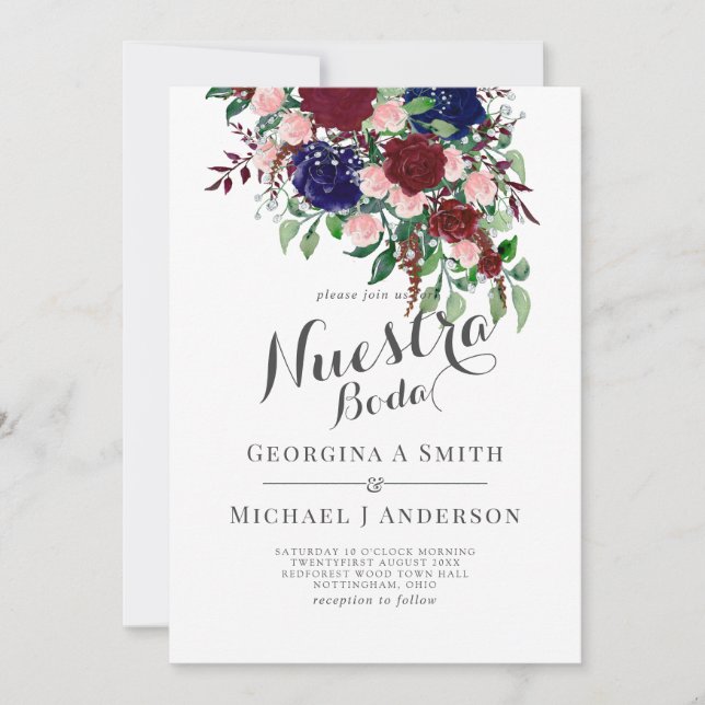 Nuestra Boda- Burgundy Blue Spanish Wedding Invite (Front)