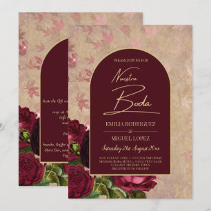 Nuestra Boda Burgundy Floral Red Roses Vintage Invitation
