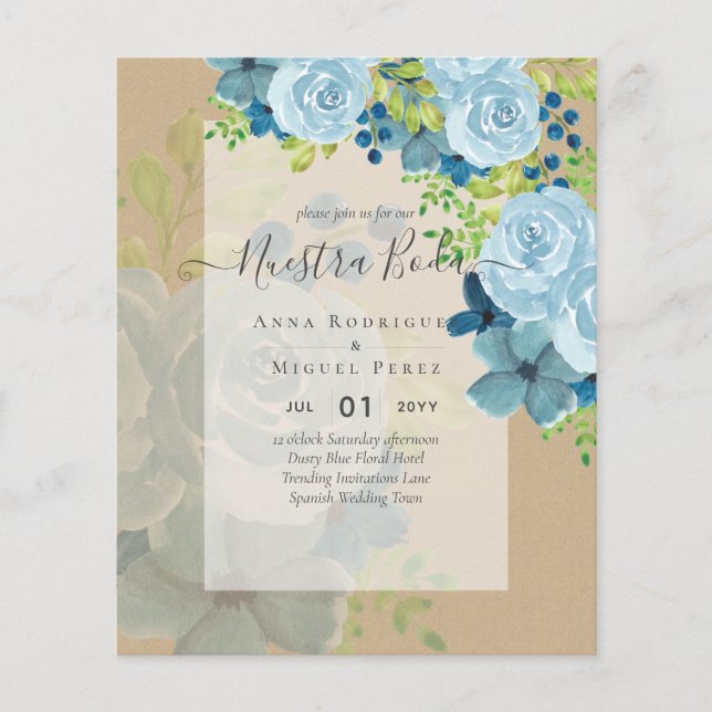 NUESTRA BODA Dusty Blue Floral BUDGET Flyer (Front)