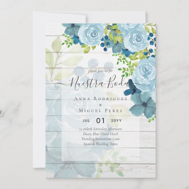 NUESTRA BODA Dusty Blue Floral Spanish Wedding Invitation (Front)