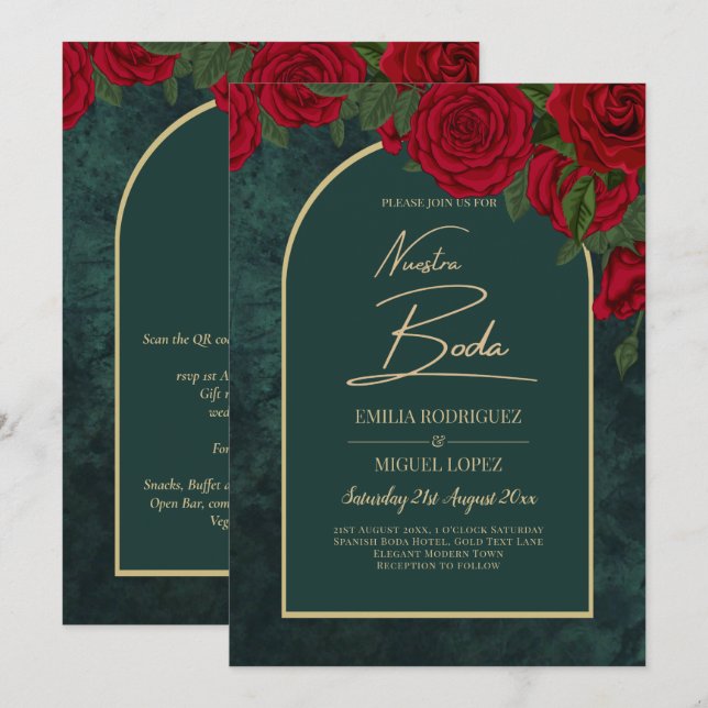 NUESTRA BODA Green Gold RED Roses Winter INVITE (Front/Back)
