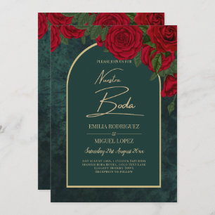 NUESTRA BODA Green Gold RED Roses Winter INVITE
