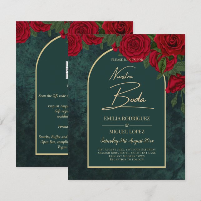 NUESTRA BODA Green Gold RED Roses Winter INVITE (Front/Back)