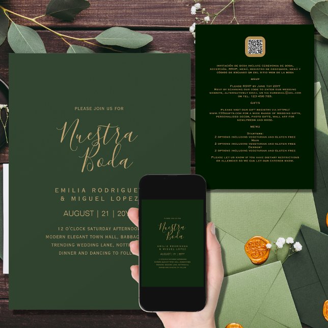 NUESTRA BODA GREEN GOLD RSVP MENU DETAILS QRCode   Invitation (Creator Uploaded)