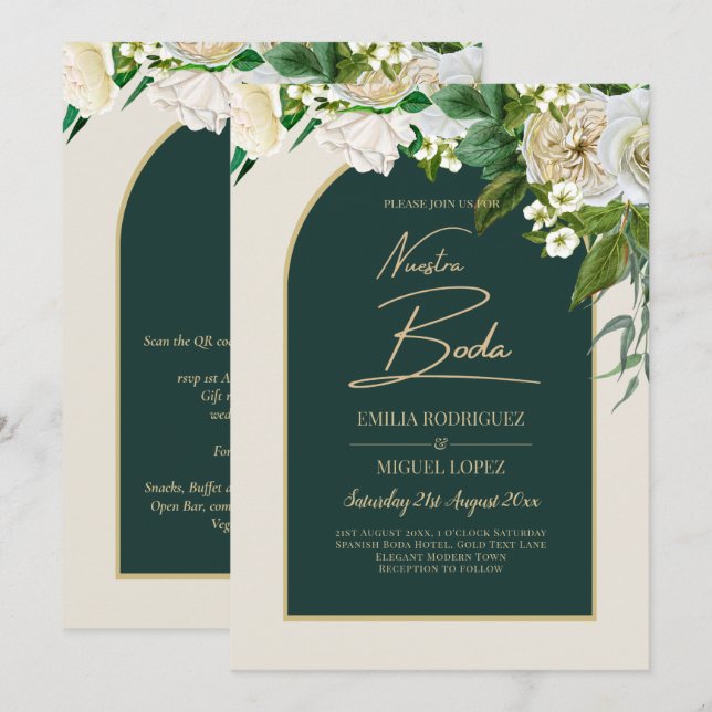 NUESTRA BODA Green Gold White Roses Winter INVITE (Front/Back)
