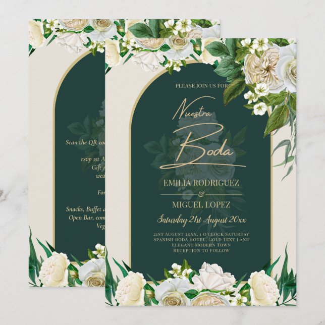 NUESTRA BODA Green Gold White Roses Winter INVITE (Front/Back)
