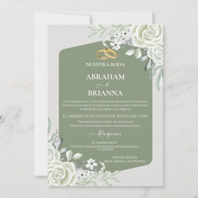 Nuestra Boda Green Sage Floral Wedding Invitation (Front)