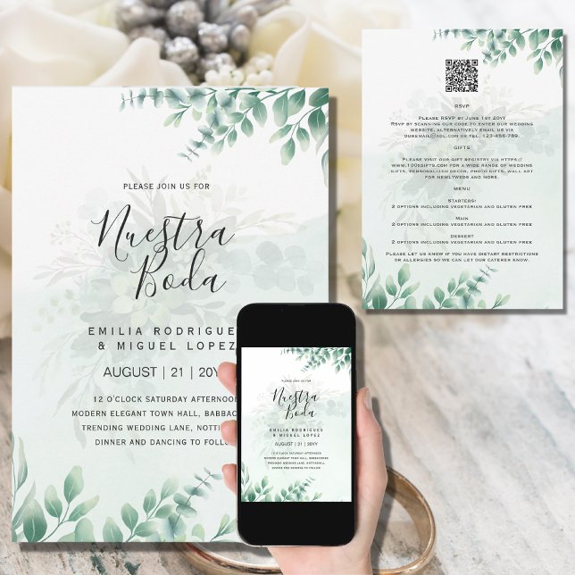 NUESTRA BODA Greenery RSVP MENU DETAILS QRCode Invitation (Creator Uploaded)