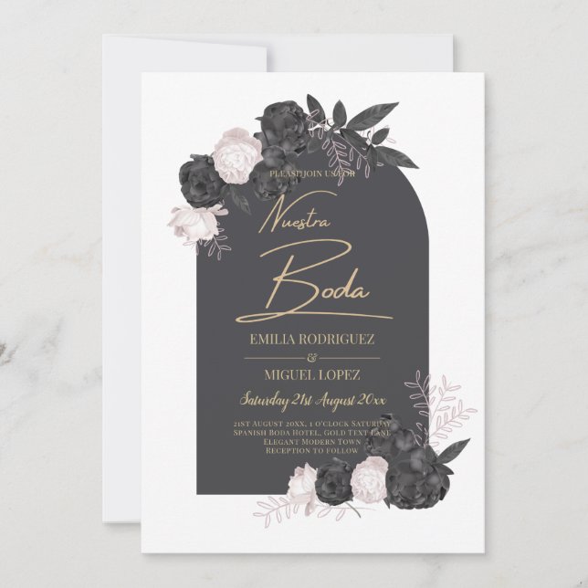 NUESTRA BODA Grey Blushing Pink Roses Spanish Invitation (Front)