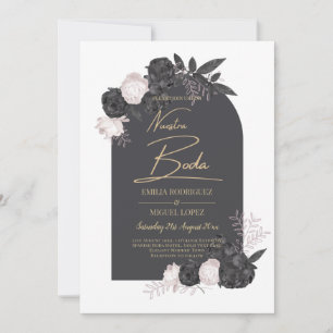 NUESTRA BODA Grey Blushing Pink Roses Spanish Invitation