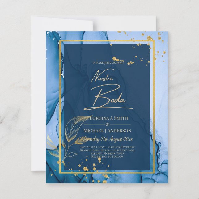 NUESTRA BODA Navy Blue Gold  Ink Wedding INVITE (Front)