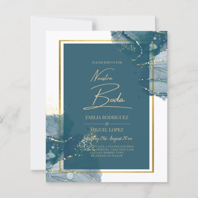 NUESTRA BODA Peacock Blue Gold Wedding Invite (Front)