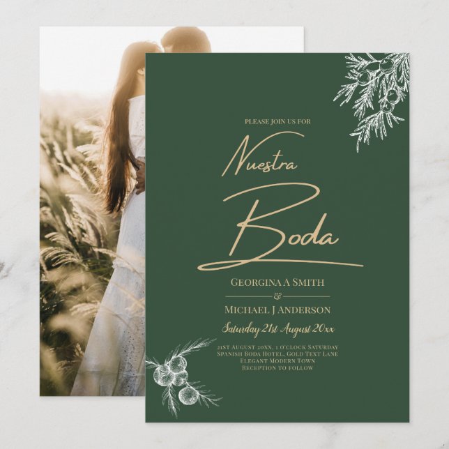 Nuestra Boda PHOTO Wedding Invite Juniper Green  (Front/Back)