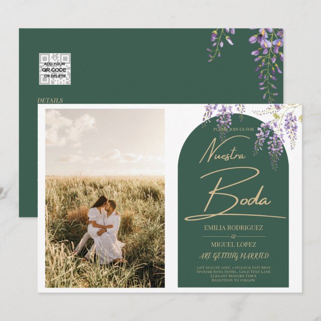 NUESTRA BODA PHOTO Wisteria Spanish Wedding Invite (Front/Back)