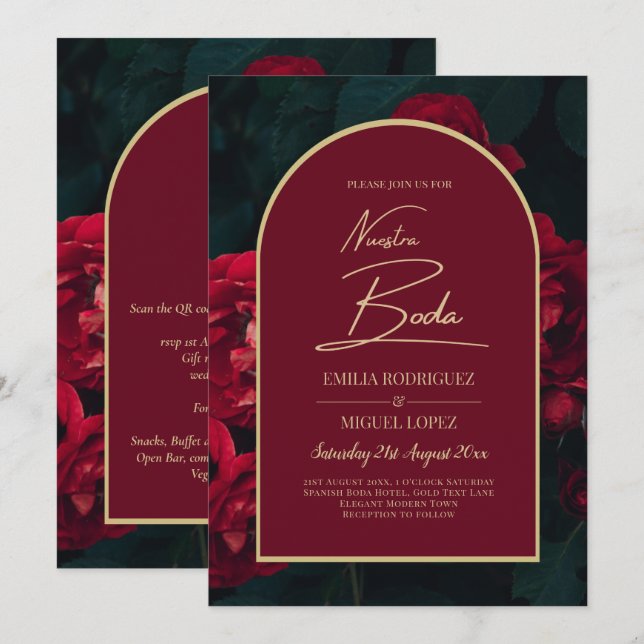 NUESTRA BODA Red Roses Forest Green Winter INVITE (Front/Back)