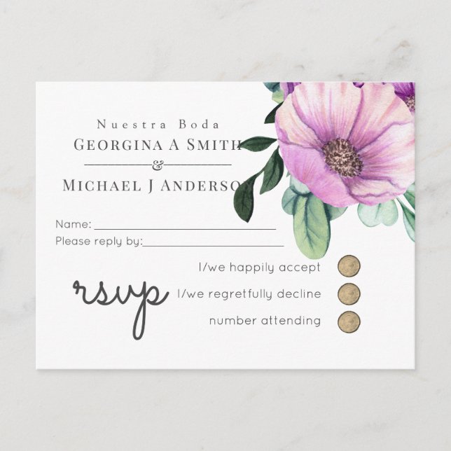 Nuestra Boda RSVP Spanish Wedding Purple Flowers Invitation Postcard (Front)