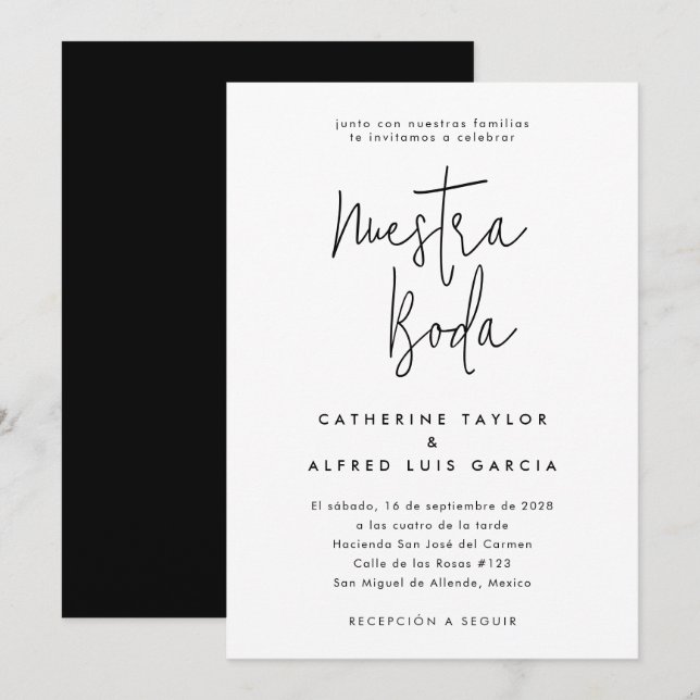 Nuestra Boda Spanish Language Black Script Wedding Invitation (Front/Back)
