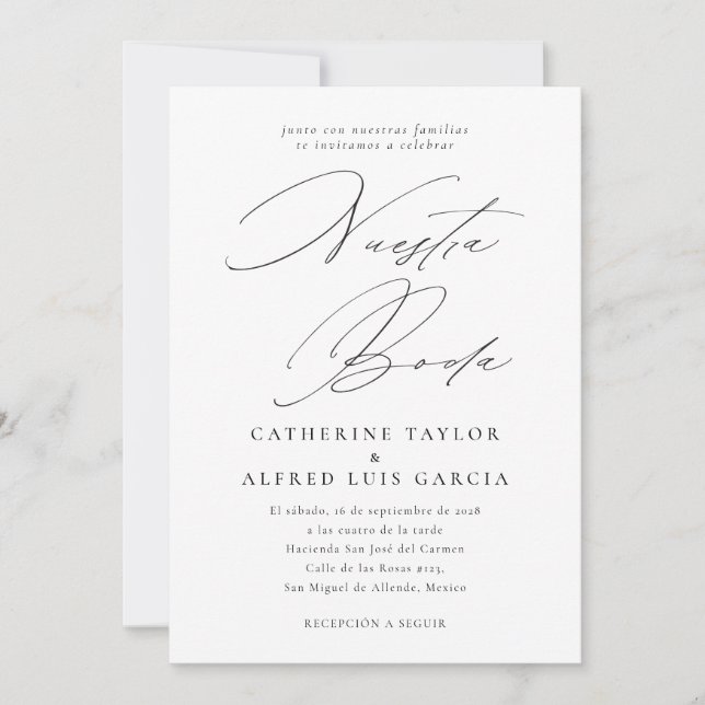 Nuestra Boda Spanish Language Black Script Wedding Invitation (Front)