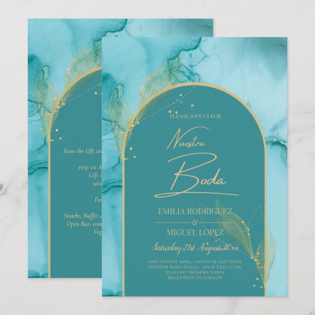 NUESTRA BODA Turquoise Teal Gold Wedding INVITE (Front/Back)