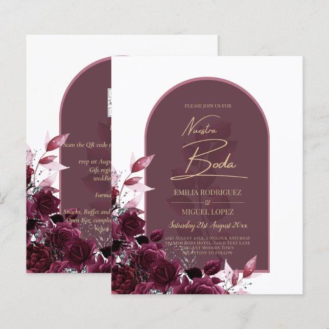 NUESTRA BODA Wine Red Roses INVITACIONS (Front/Back)