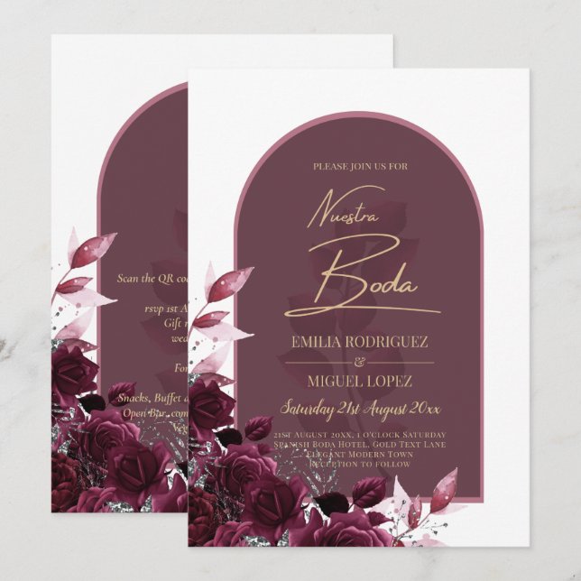 NUESTRA BODA Wine Red Roses INVITACIONS Invitation (Front/Back)