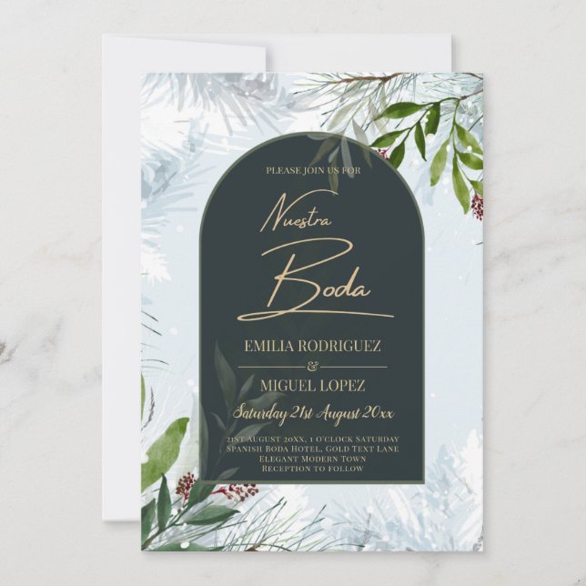 NUESTRA BODA Winter Greenery Wedding Invite (Front)