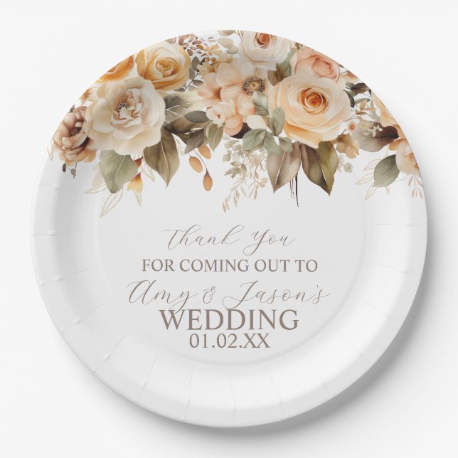 Nuetral Beige Floral Botanical Wedding Brown Paper Plate (Front)