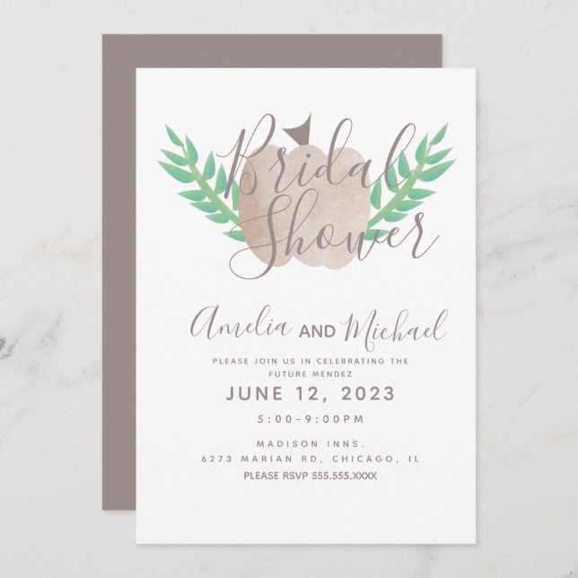 Nuetral Pumpkin Brown Beige Greenery Bridal Shower Invitation (Front/Back)