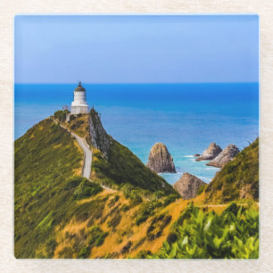 Nugget Point lighthouse, New Zealand Glass Coaster