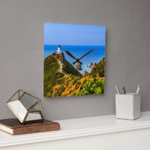 Nugget Point lighthouse, New Zealand Square Wall Clock