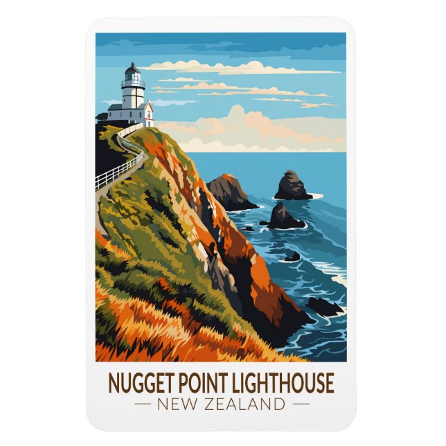 Nugget Point Lighthouse New Zealand Travel Vintage Magnet (Vertical)