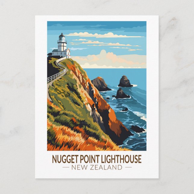 Nugget Point Lighthouse New Zealand Travel Vintage Postcard (Front)