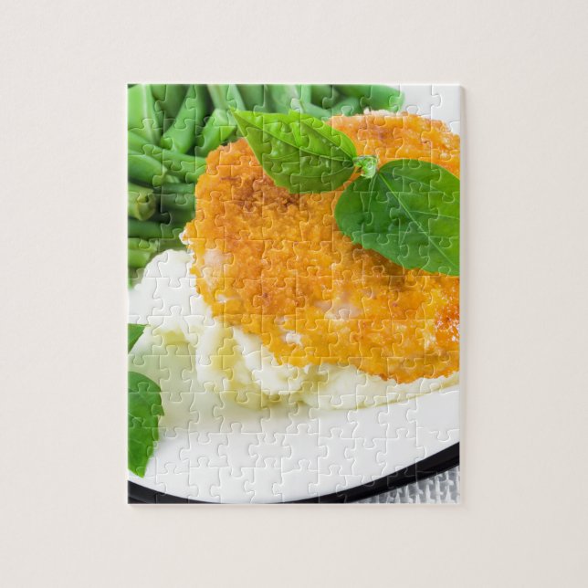 Nuggets of chicken, mashed potatoes and green bean jigsaw puzzle (Vertical)