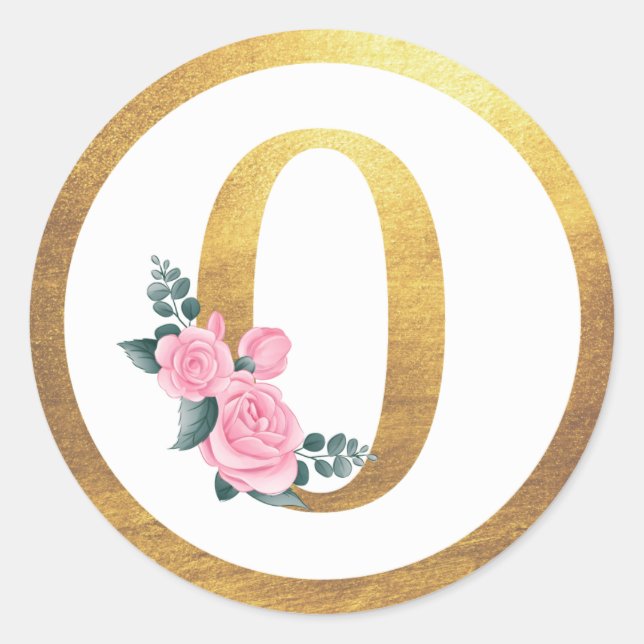 Number 0 Zero Pink Roses Floral & Elegant Gold Classic Round Sticker (Front)
