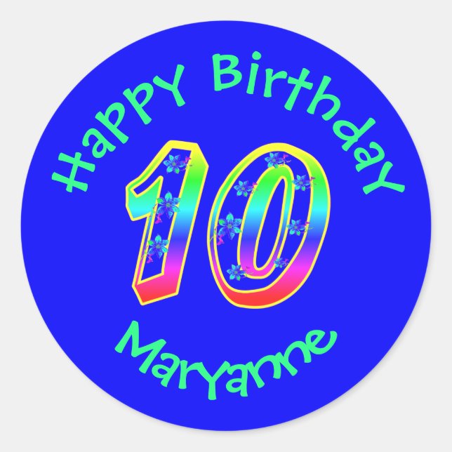 Number 10 Birthday Party Flowers Stickers (Front)