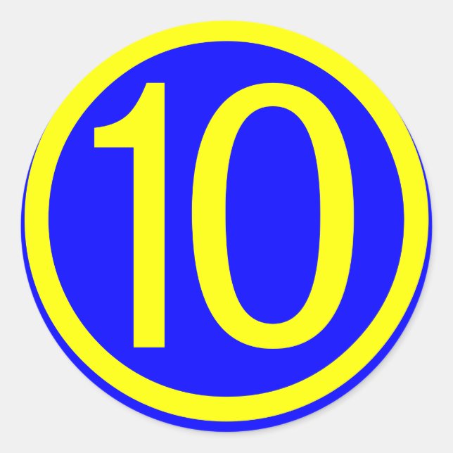 number 10 in a circle, blue background classic round sticker (Front)