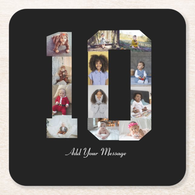 Number 10 Photo Collage Square Paper Coaster (Front)