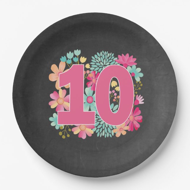 Number 10 Tenth Birthday Anniversary Party Paper Plate (Front)