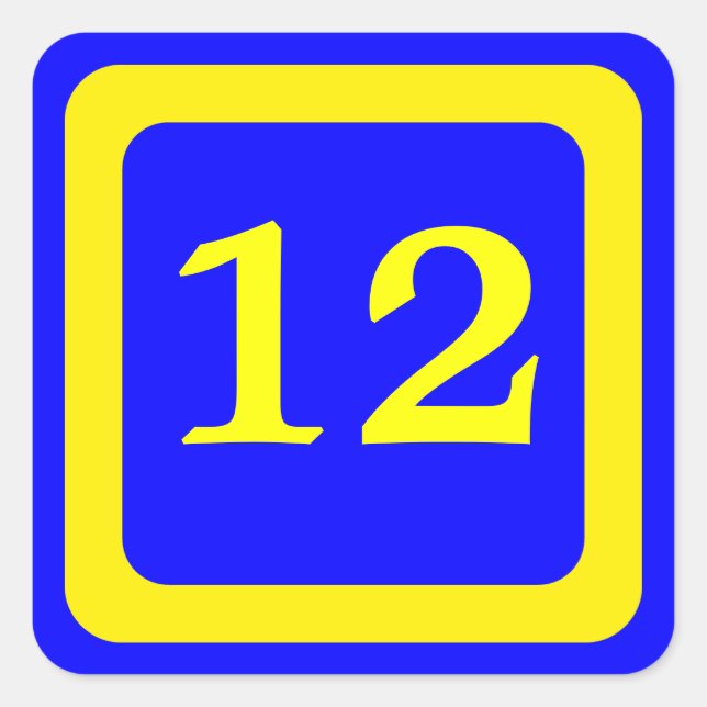 number 12, blue background, yellow frame square sticker (Front)