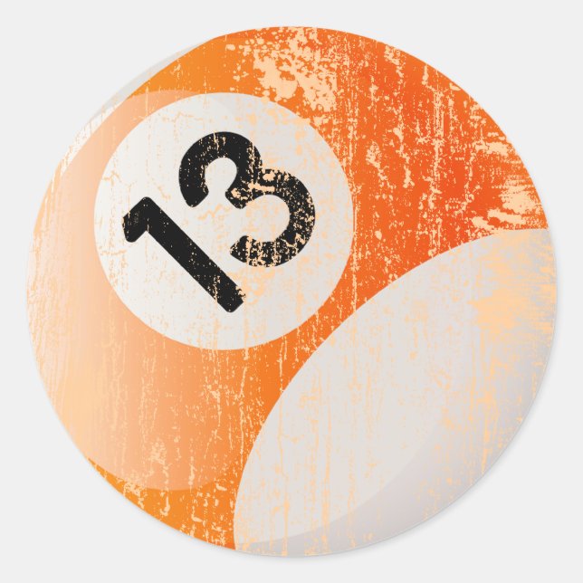 NUMBER 13 BILLIARDS BALL - AGED AND ERODED CLASSIC ROUND STICKER (Front)