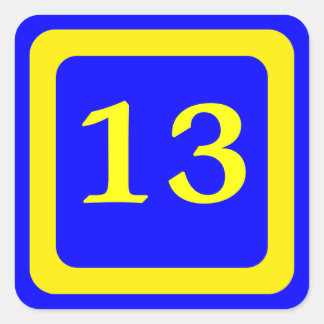 number 13, blue background, yellow frame square sticker