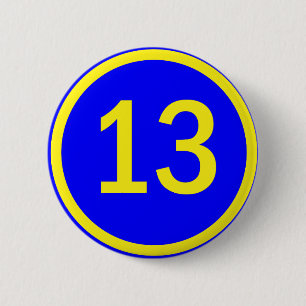 number 13 in a circle 6 cm round badge