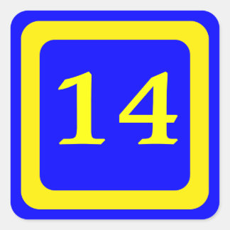 number 14, blue background, yellow frame square sticker