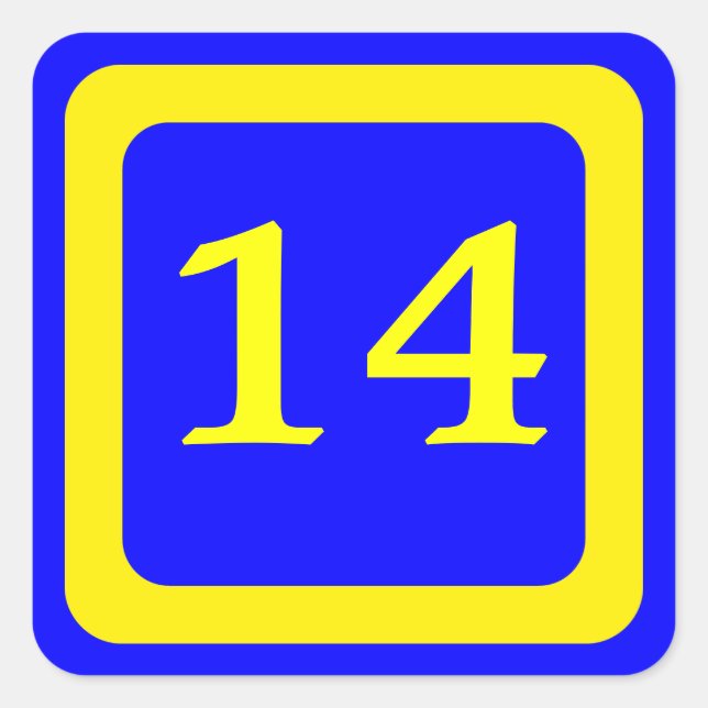 number 14, blue background, yellow frame square sticker (Front)